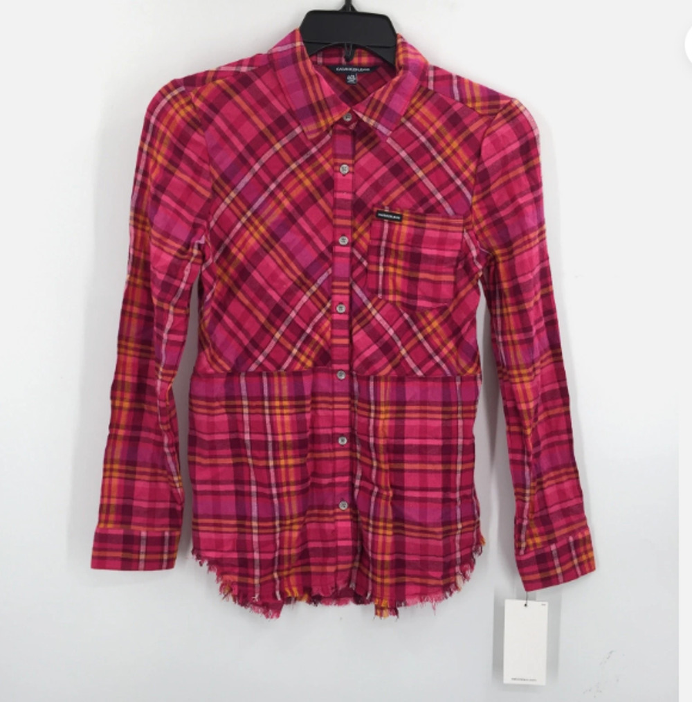 Distressed Jeans Button Up Shirt Extra Large/XL 16 Raspberry Plaid NWT Raw Hem